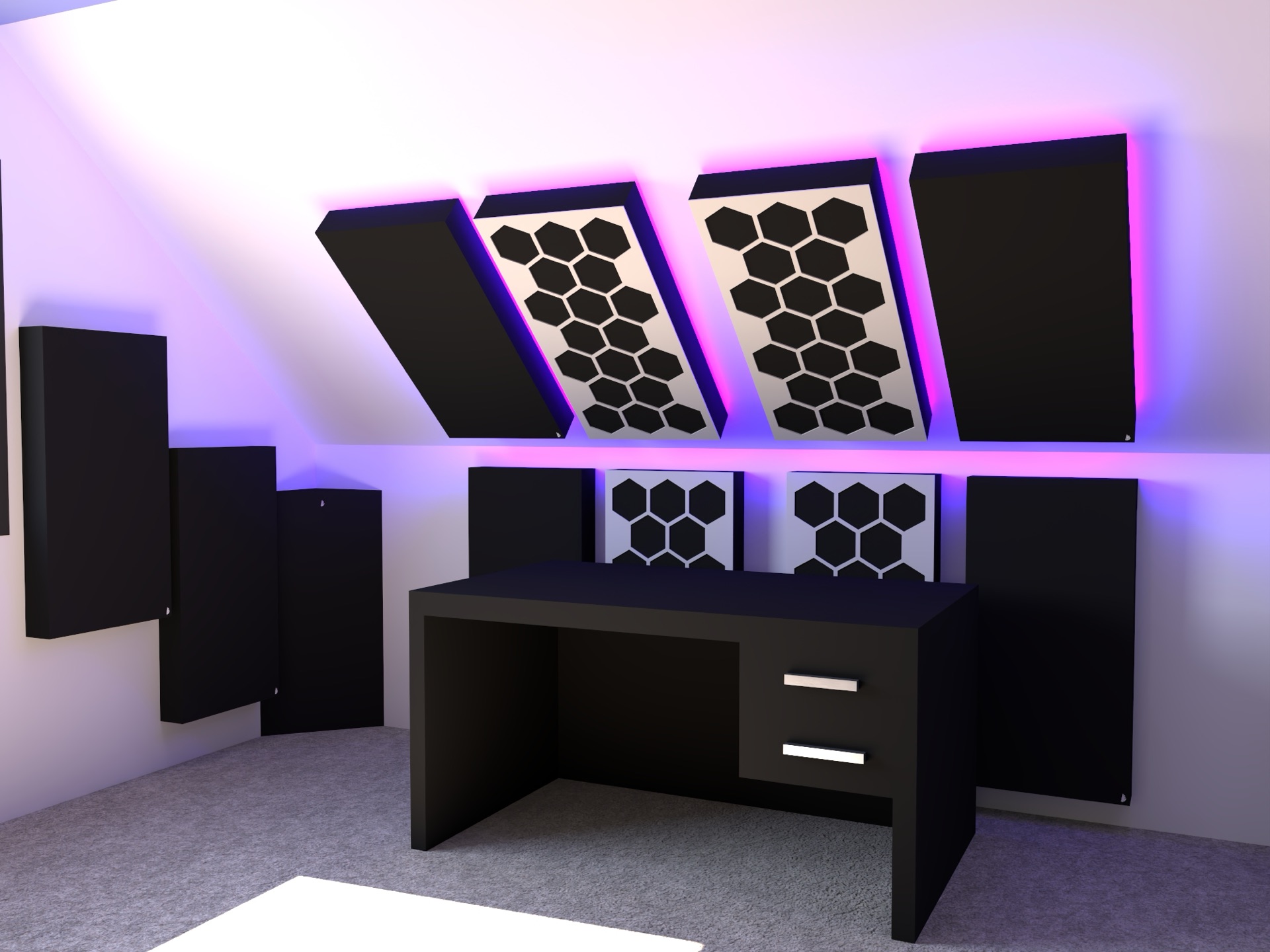 Salle musique et gaming avec panneaux hexagonaux, visualisation du projet