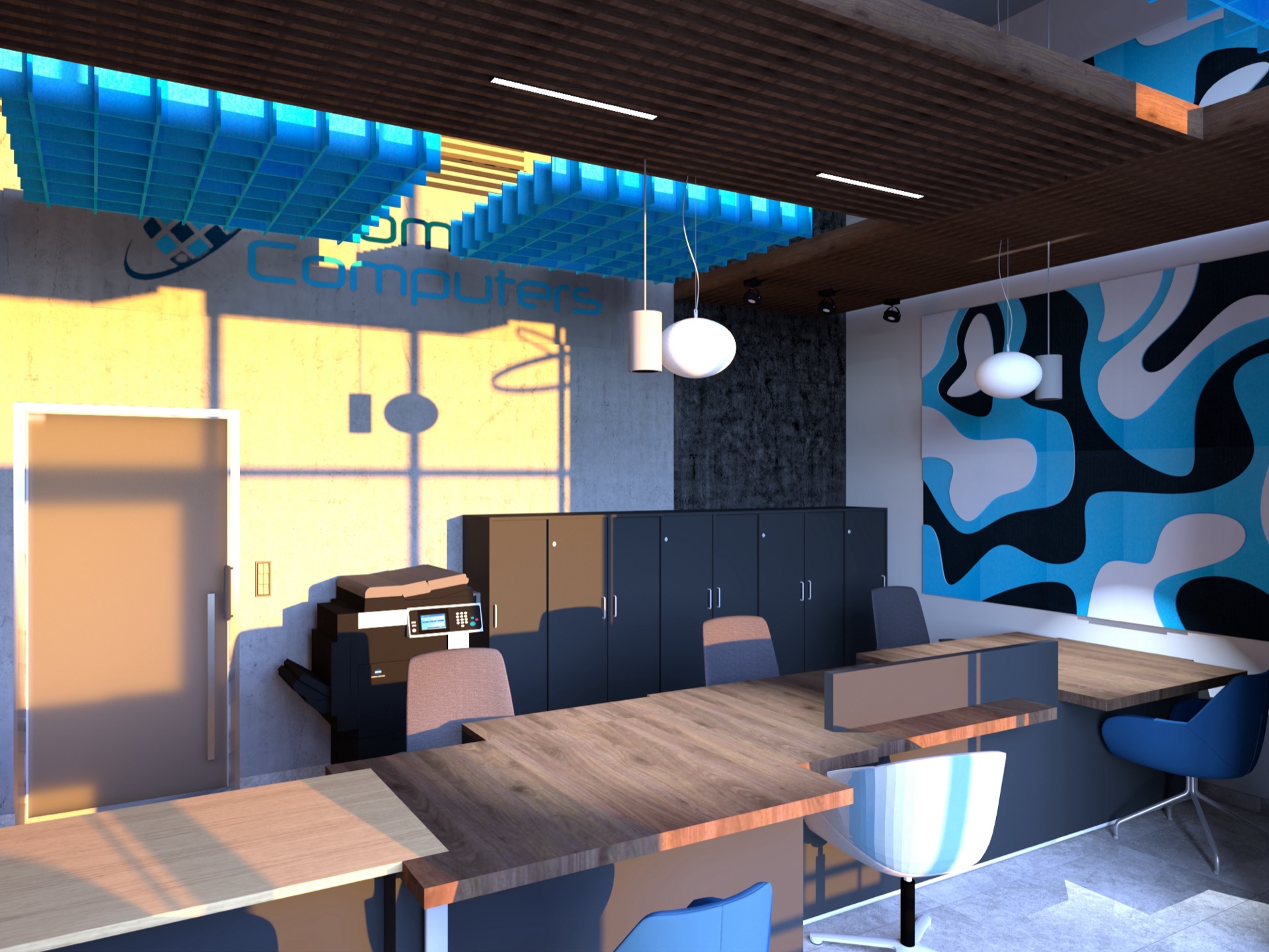 Bureau avec des îlots acoustiques Pro.Felt, visualisation du projet