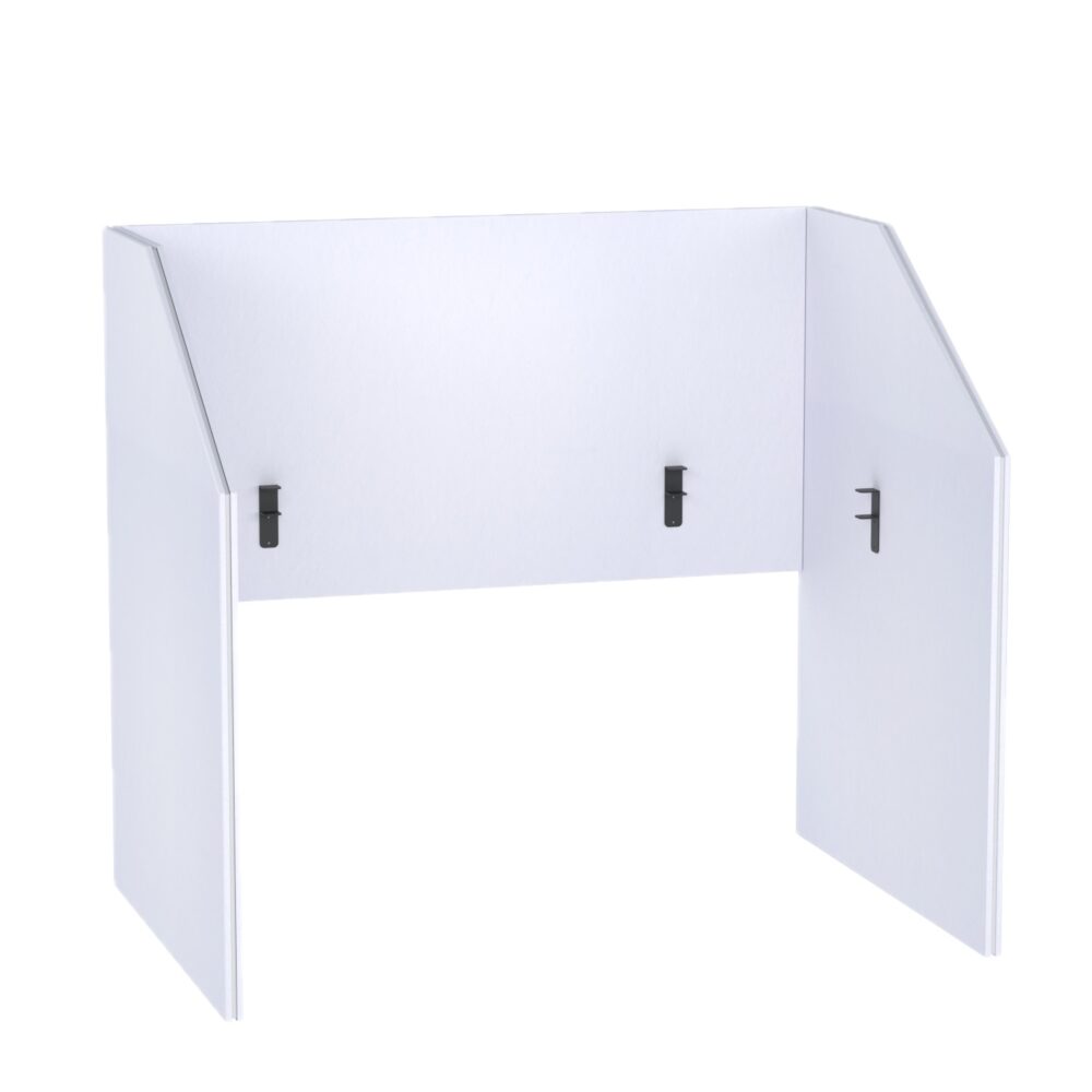 Cloison Acoustique pour Bureau Pro.Felt DS.1 - 1. White, Dimensions des éléments : 2× 108,4×140 cm ; 1× 150×80 cm. Convient à un bureau de 150×75 cm ; dépasse du bureau de 30 cm