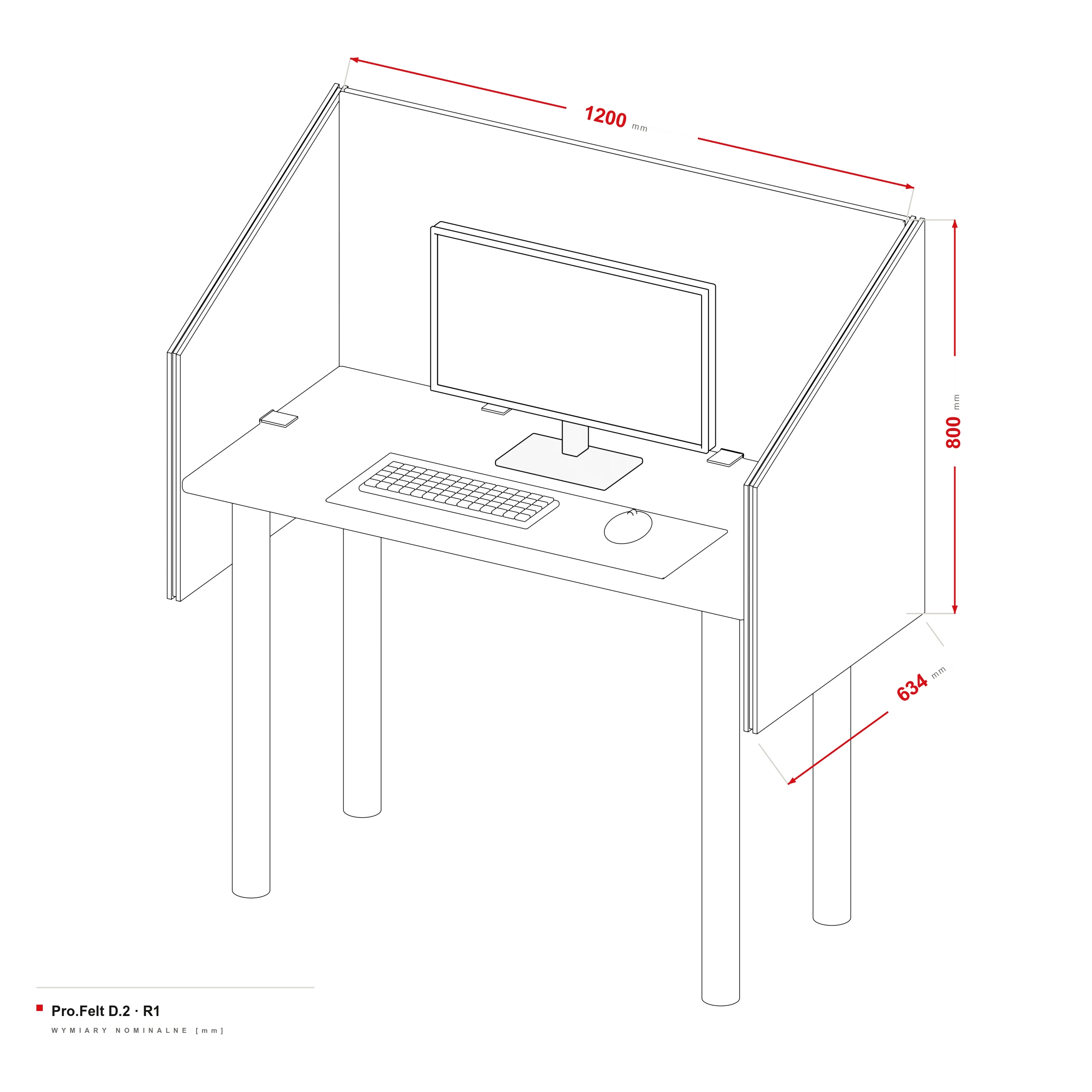 Cloison Acoustique pour Bureau Pro.Felt D.2 — dessin coté, Bureau 120 × 60 cm