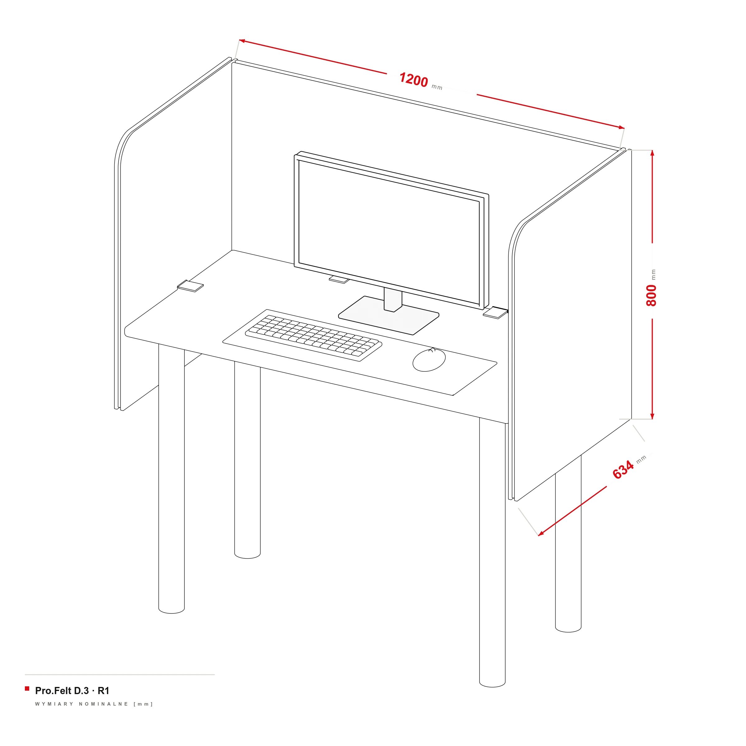Cloison Acoustique pour Bureau Pro.Felt D.3 — dessin coté, Bureau 120 × 60 cm