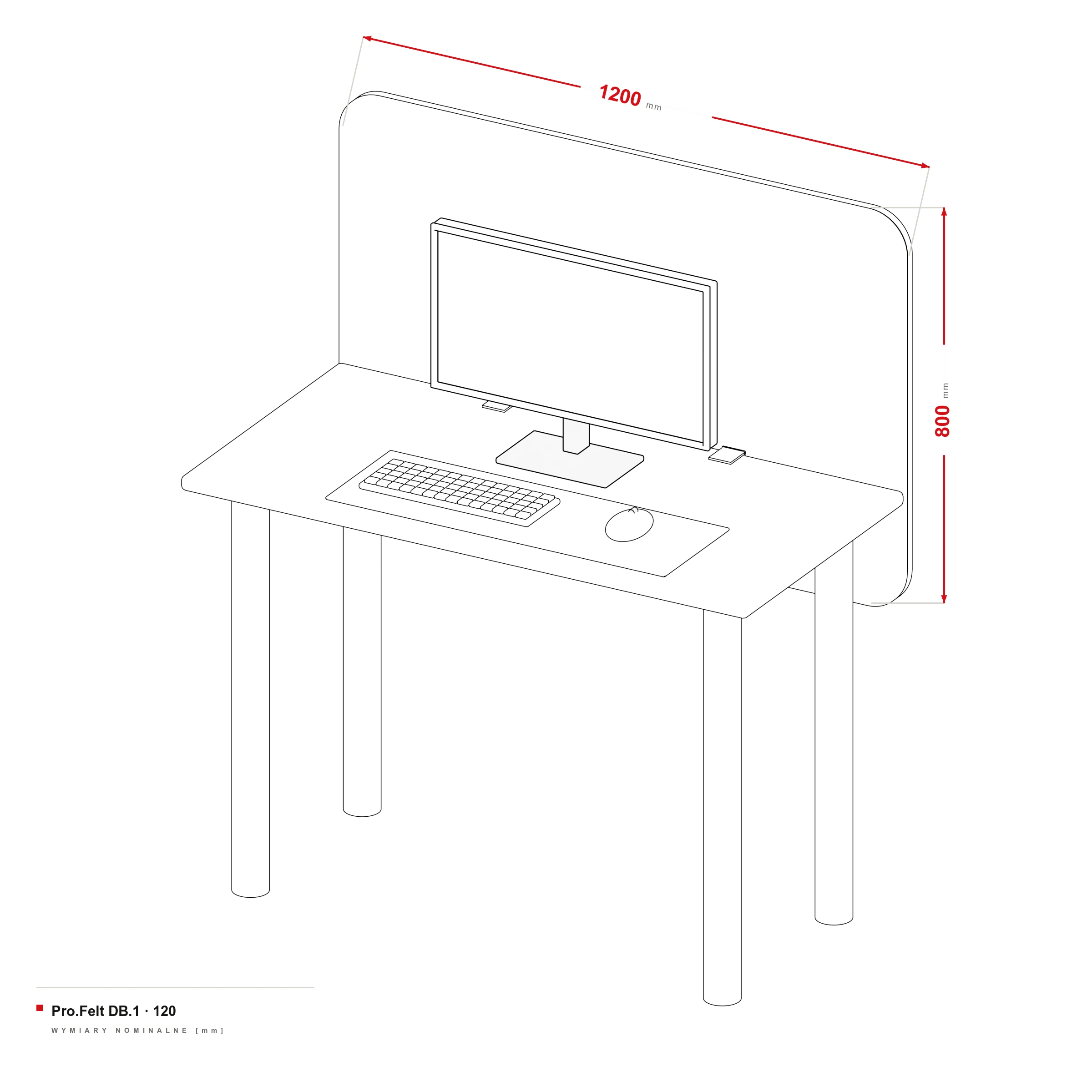 Cloison Acoustique pour Bureau Pro.Felt DB.1 — dessin coté, Bureau larg. 120 cm