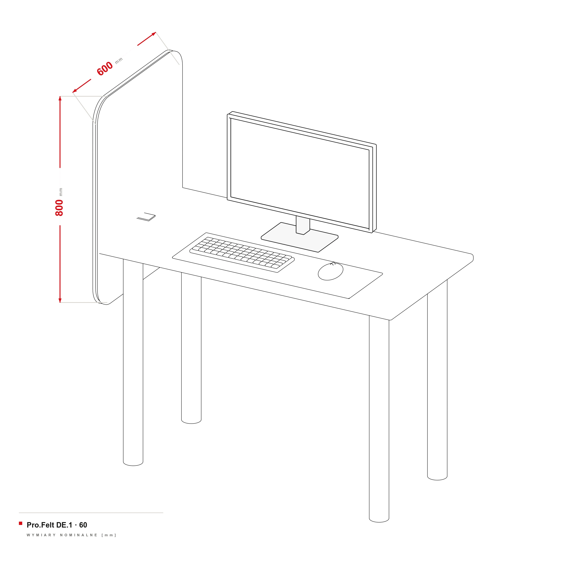 Cloison Acoustique pour Bureau Pro.Felt DE.1 — dessin coté, Bureau long. 60 cm