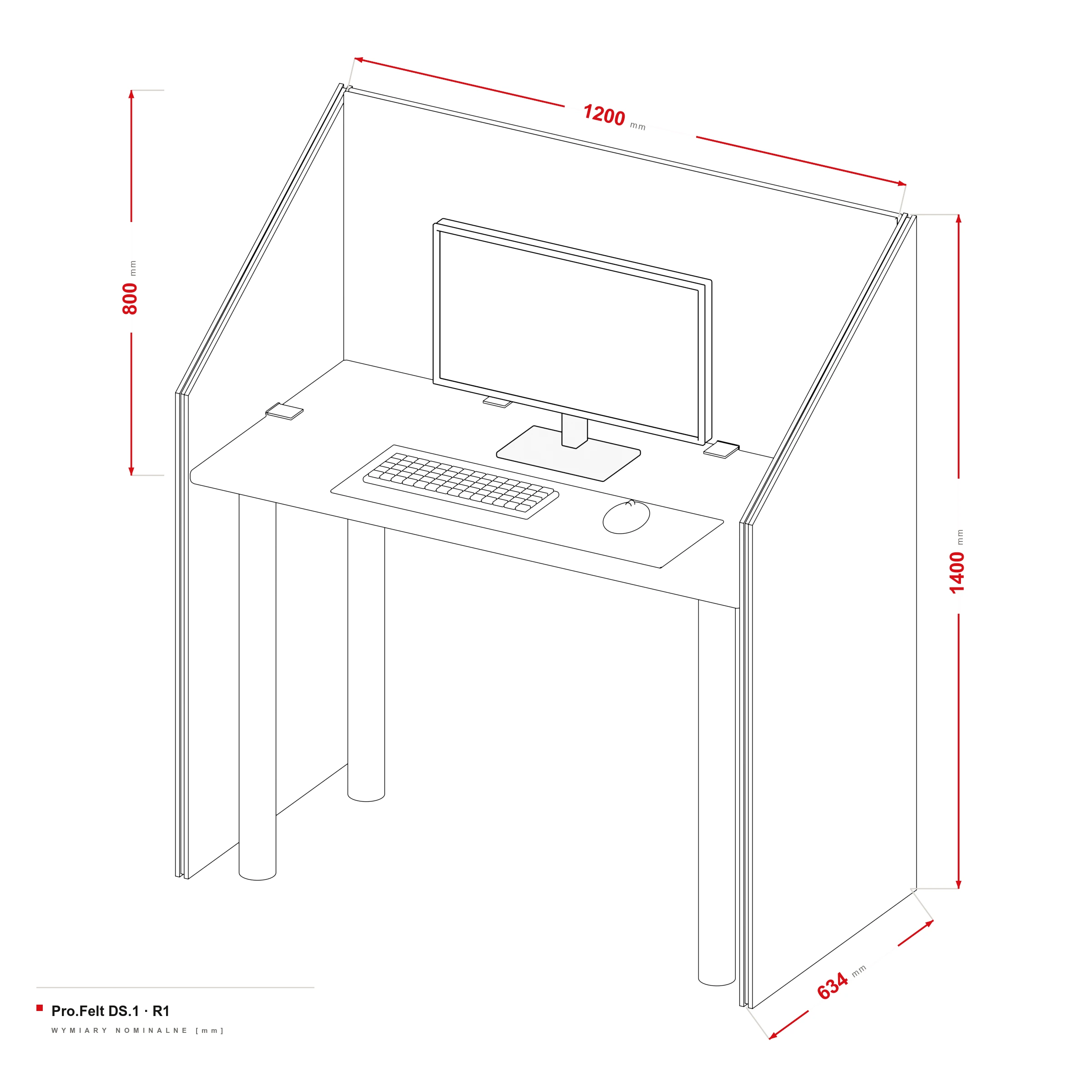 Cloison Acoustique pour Bureau Pro.Felt DS.1 — dessin coté, Bureau 120 × 60 cm