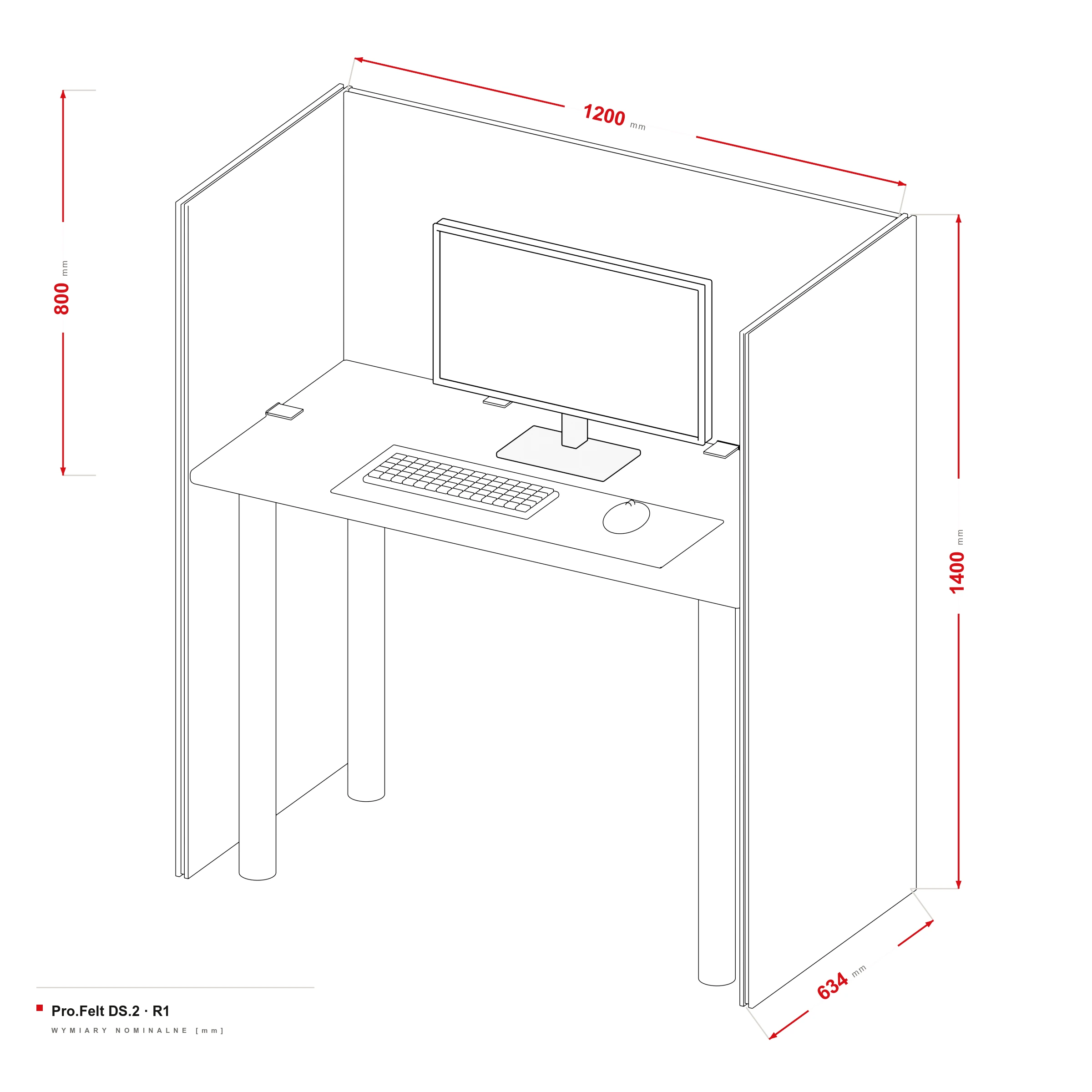 Cloison Acoustique pour Bureau Pro.Felt DS.2 — dessin coté, Bureau 120 × 60 cm