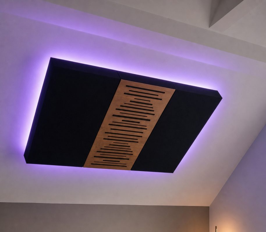 Un panneau acoustique au plafond avec un halo violet du rétroéclairage Aura LED caché derrière le panneau