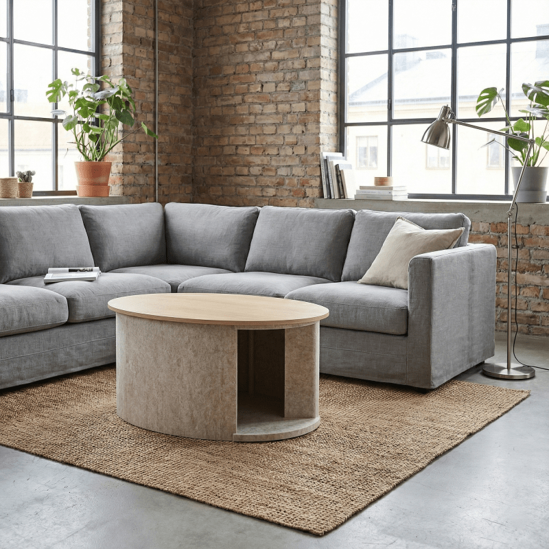 Niche acoustique / table basse - un caisson elliptique avec plateau et intérieur en feutre