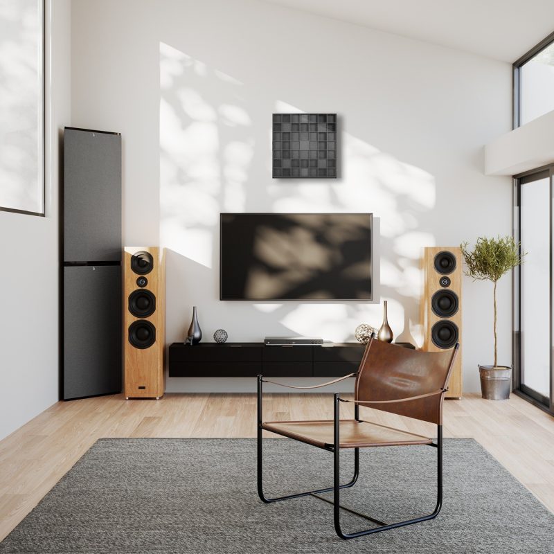 Le Diffuseur 2D QRD Tiles au mur dans la zone d'écoute d'un salon moderne