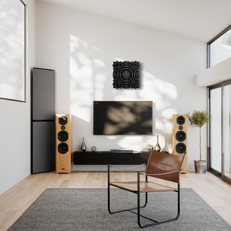 Le Diffuseur 2D Skyline City au-dessus du téléviseur dans une pièce Hi-Fi avec enceintes