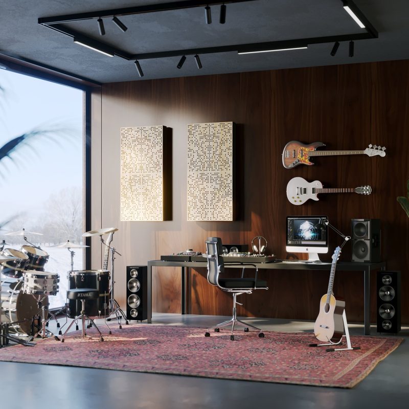 Deux Diffuseurs Binaires en finition naturelle dans un studio de musique domestique avec instruments