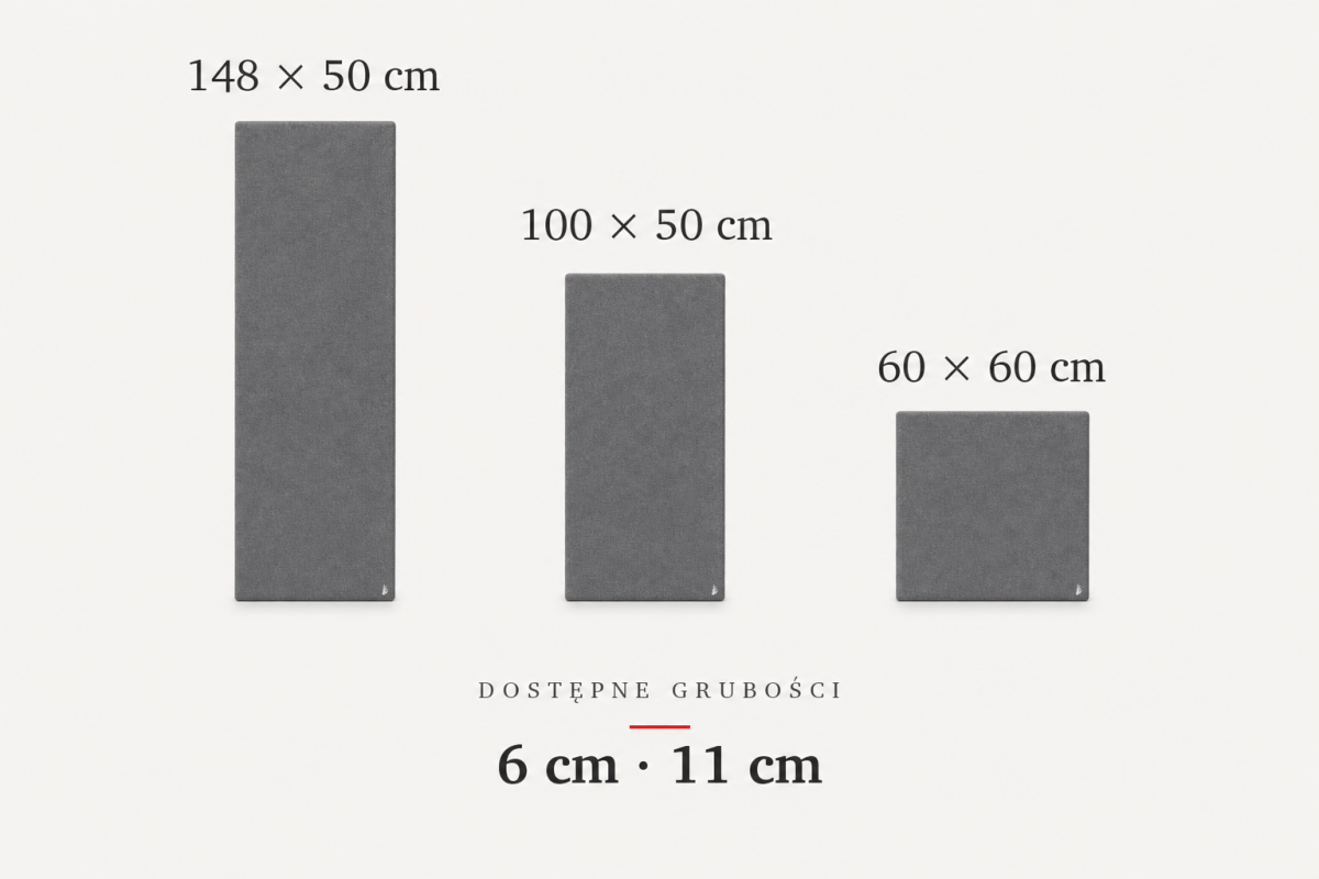 Les formats disponibles du Tableau Acoustique : 148x50 cm, 100x50 cm et 60x60 cm, épaisseurs 6 et 11 cm