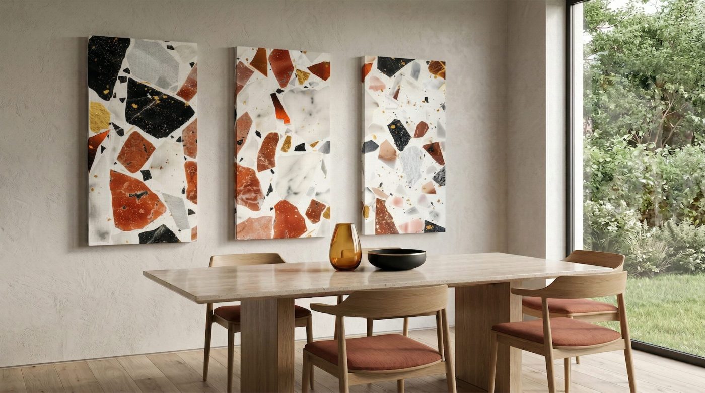 Un triptyque Mosaic Mix d'une même collection dans une salle à manger