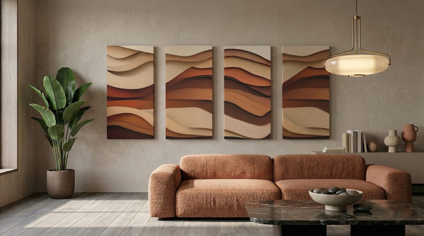 Terra Art en accent au-dessus du canapé dans l'espace de vie