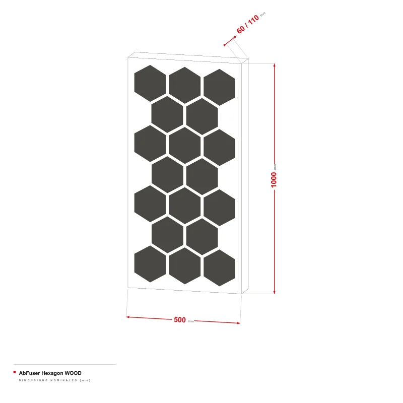AbFuser Hexagon Wood - dessin coté 100 × 50 cm, épaisseur 6/11 cm