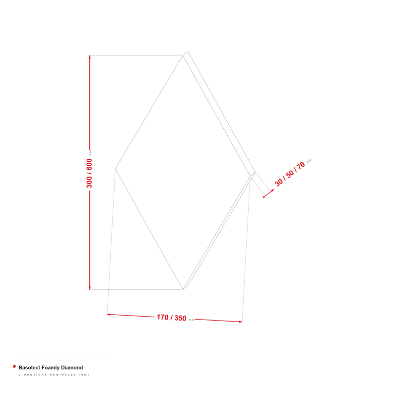 Basotect Foamly Diamond - dessin coté 170/350 × 300/600 mm, épaisseur 30/50/70 mm