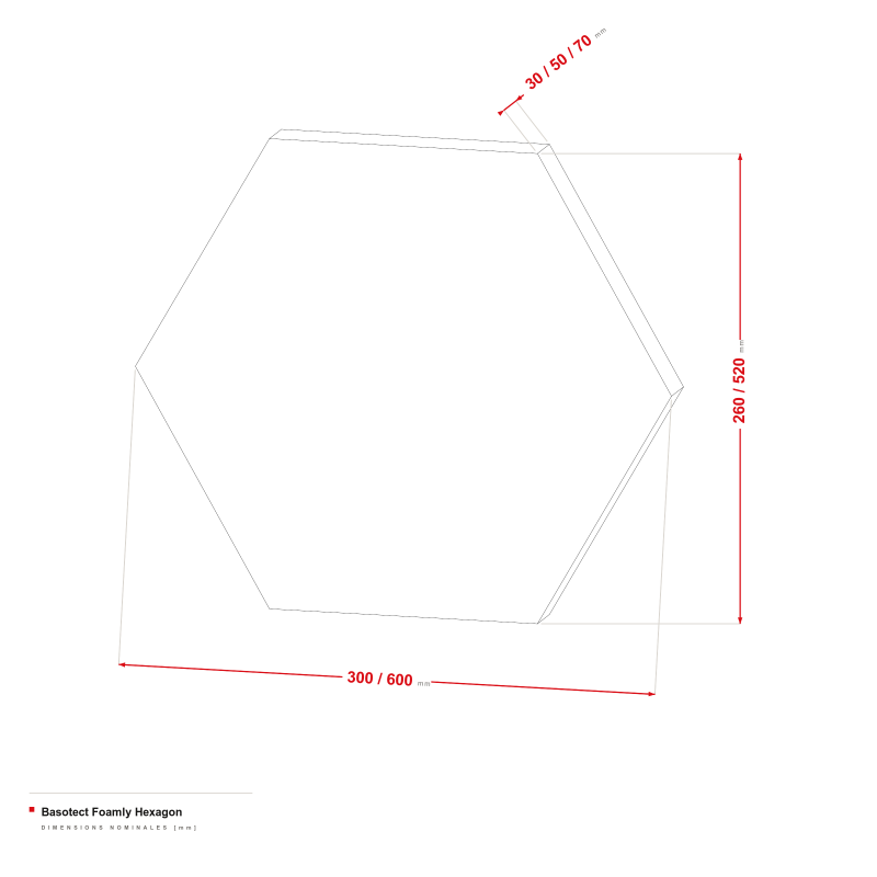 Basotect Foamly Hexagon - dessin coté 300/600 × 260/520 mm, épaisseur 30/50/70 mm