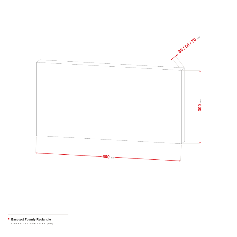 Basotect Foamly Rectangle - dessin coté 600 × 300 mm, épaisseur 30/50/70 mm