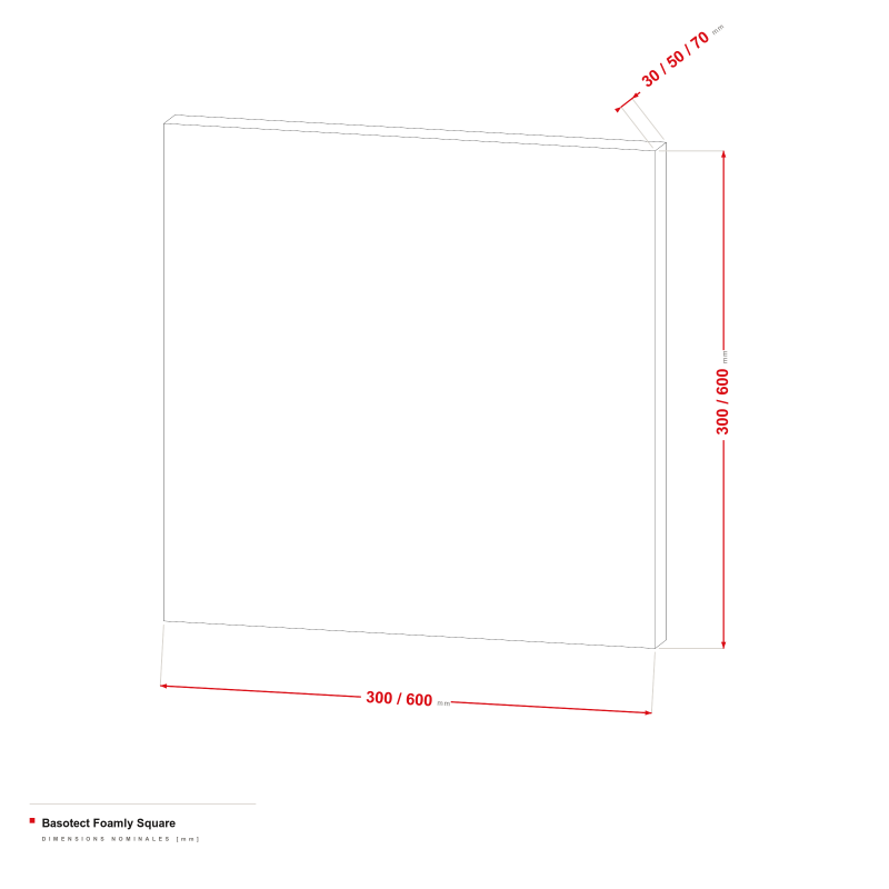 Basotect Foamly Square - dessin coté 300/600 × 300/600 mm, épaisseur 30/50/70 mm