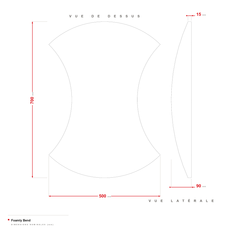 Foamly Bend - dessin coté 500 × 700 mm, bord 15 mm, profondeur jusqu'à 90 mm