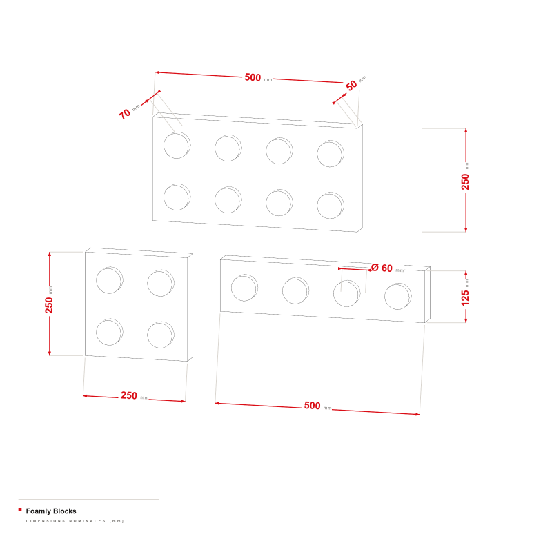 Foamly Blocks - dessin coté des modules 250/500 × 125/250 mm