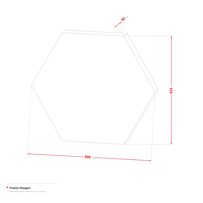 Foamly Hexagon - dessin coté 500 × 433 mm, épaisseur 50 mm