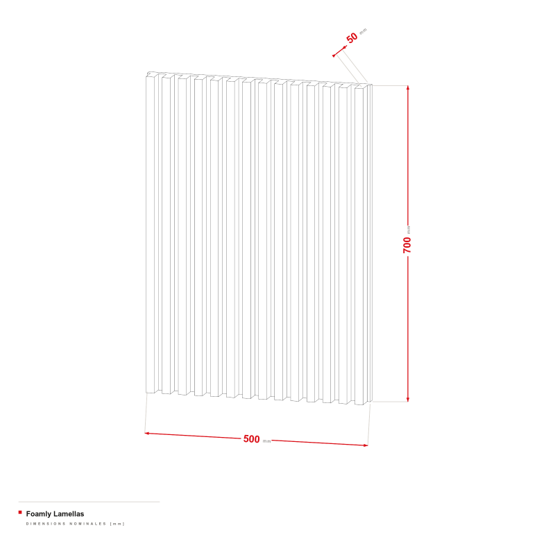 Foamly Lamellas - dessin coté 500 × 700 × 50 mm, lamelles 18/36 mm