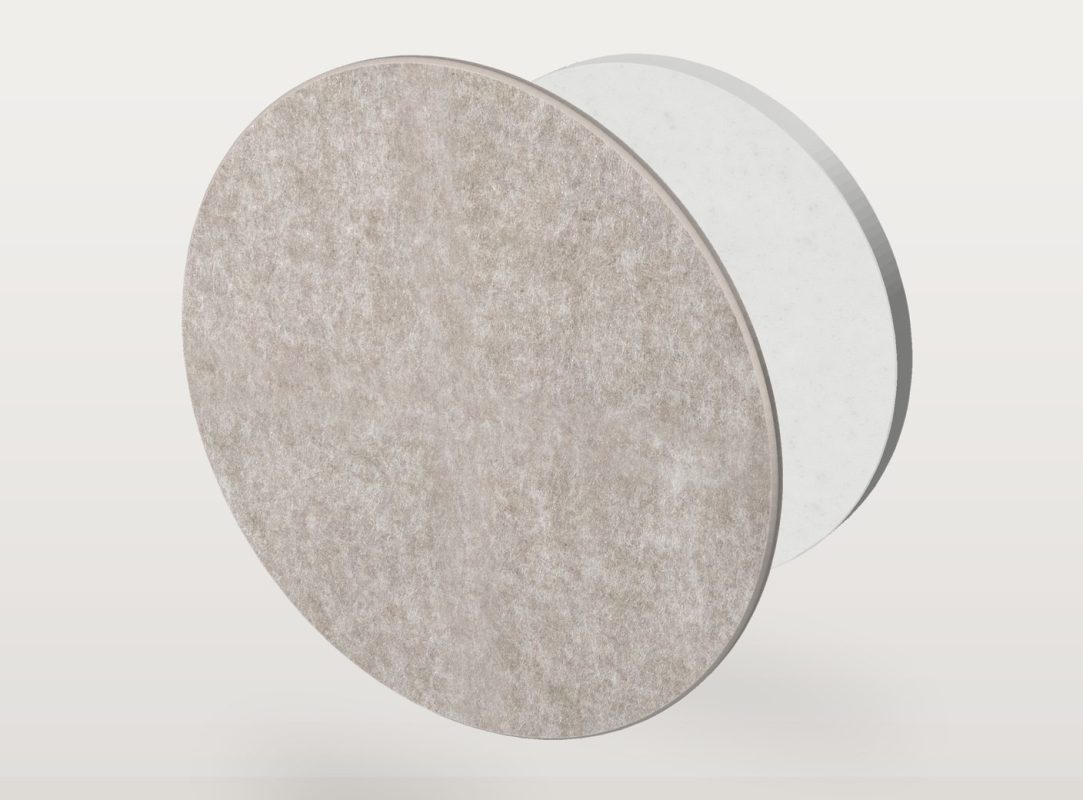 Le panneau acoustique Pro.Felt E.2 Circle en forme de cercle, séparé en deux couches : feutre acoustique Pro.Felt à l'avant et mousse Basotect à l'arrière
