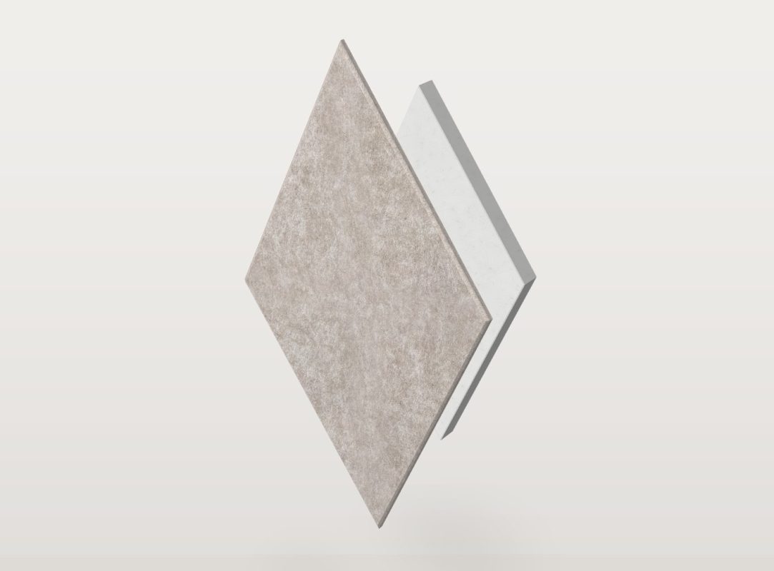 Le panneau acoustique Pro.Felt E.1 Diamond en forme de losange, séparé en deux couches : feutre acoustique Pro.Felt à l'avant et mousse Basotect à l'arrière