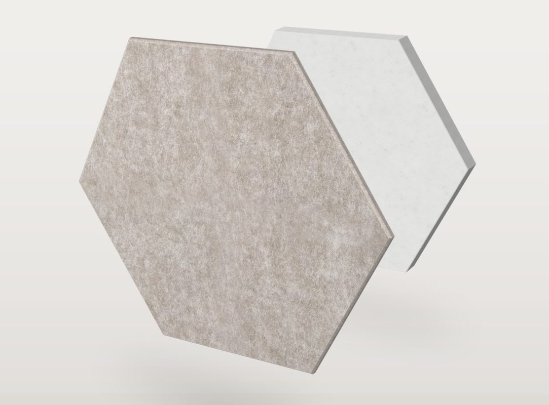 Le panneau acoustique Pro.Felt E.5 Hexagon en forme d'hexagone, séparé en deux couches : feutre acoustique Pro.Felt à l'avant et mousse Basotect à l'arrière