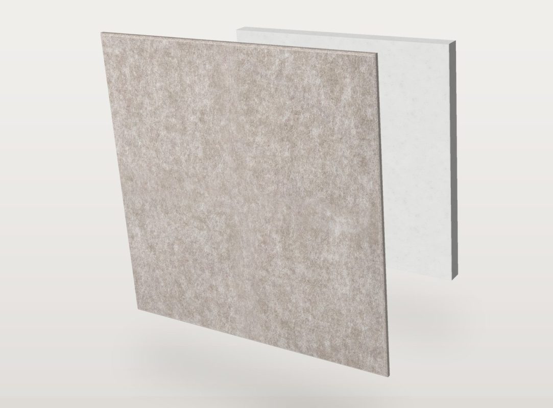 Le panneau acoustique Pro.Felt E.4 Square en forme de carré, séparé en deux couches : feutre acoustique Pro.Felt à l'avant et mousse Basotect à l'arrière